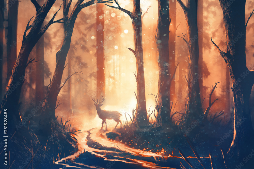 Illustration of a deer in warm forest - obrazy, fototapety, plakaty 