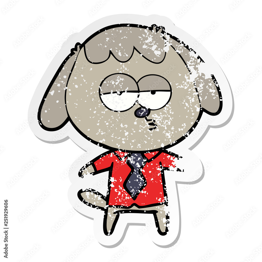 distressed sticker of a cartoon bored dog in office clothes distressed sticker of a cartoon bored dog in office clothes