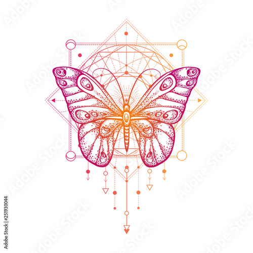 Vector illustration with hand drawn butterfly and Sacred geometric symbol on white background. Abstract mystic sign.