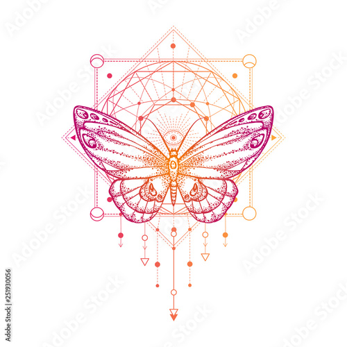 Vector illustration with hand drawn butterfly and Sacred geometric symbol on white background. Abstract mystic sign.