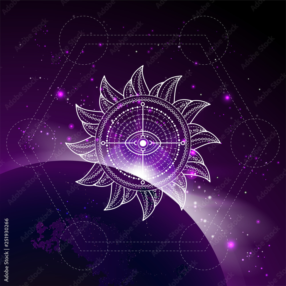 Vector illustration of mystic symbol Sun against the space background with sunrise and stars.