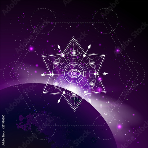 Vector illustration of Sacred or mystic symbol against the space background with sunrise and stars.