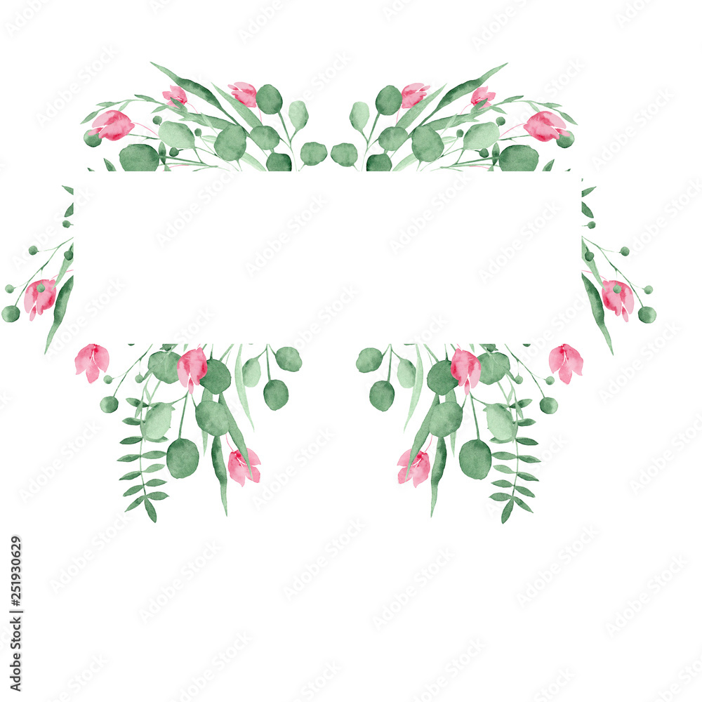 Watercolor frame of beautiful green leaves and pink flowers. Perfect for cards, invitations, and other projects. Watercolor frame of beautiful green leaves and pink flowers. Perfect for cards, invitations, and other projects.