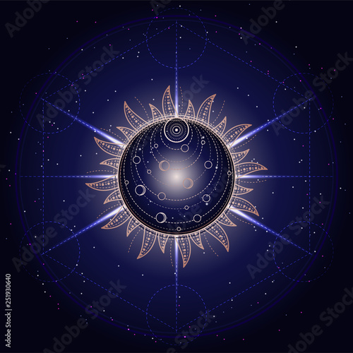 Vector illustration of Sacred or mystic symbol on abstract background. Geometric sign drawn in lines. Golden and blue color.