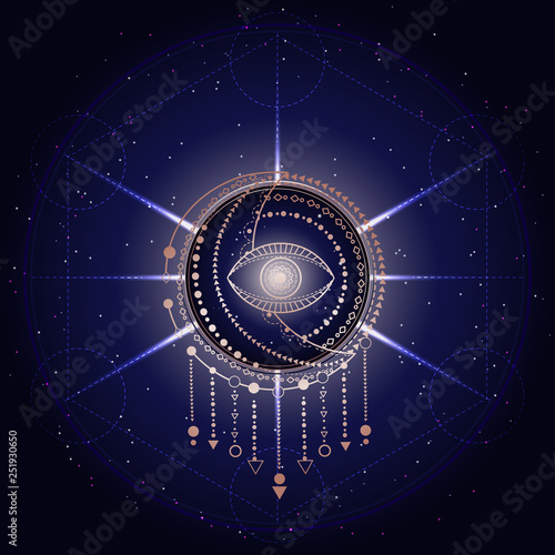 Vector illustration of Sacred or mystic symbol on abstract background. Geometric sign drawn in lines. Golden and blue color.
