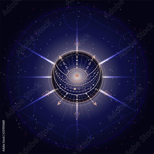 Vector illustration of Sacred or mystic symbol on abstract background. Geometric sign drawn in lines. Golden and blue color.
