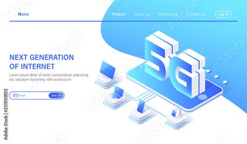 Isometric 5G mobile network wireless systems and internet vector illustration. Communication network concept