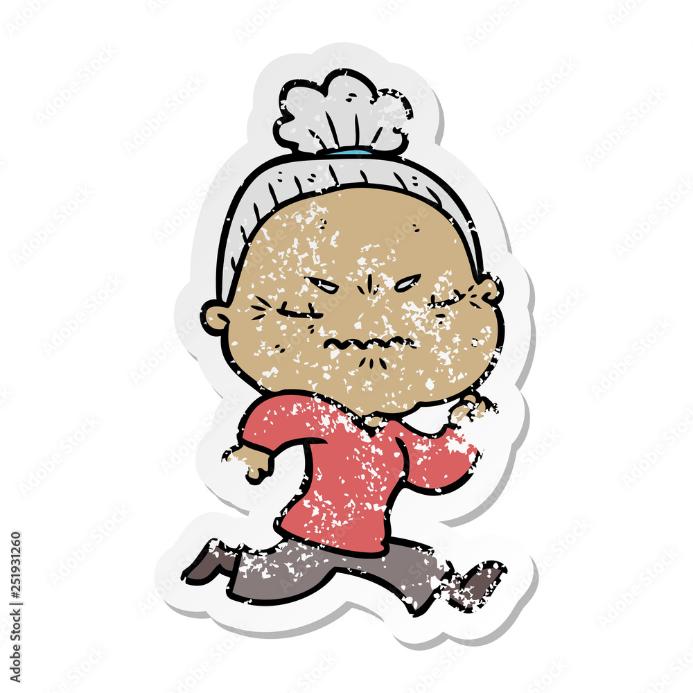 distressed sticker of a cartoon annoyed old lady distressed sticker of a cartoon annoyed old lady