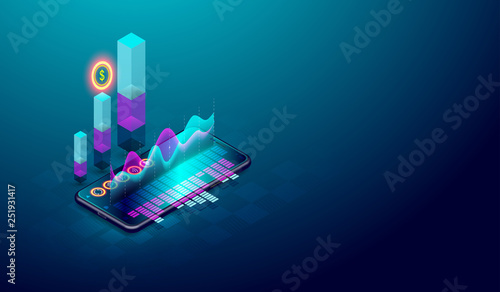 Business trend analysis on isometric smartphone screen with graphs, market trend and financial analysis vector.