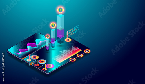 Wallpaper Mural Business trend analysis on isometric smartphone screen with graphs, market trend and financial analysis vector. Torontodigital.ca