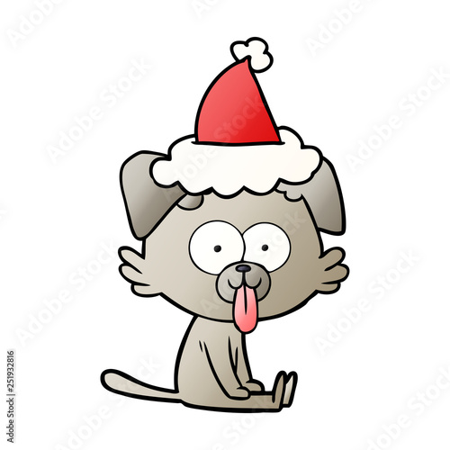 gradient cartoon of a sitting dog with tongue sticking out wearing santa hat