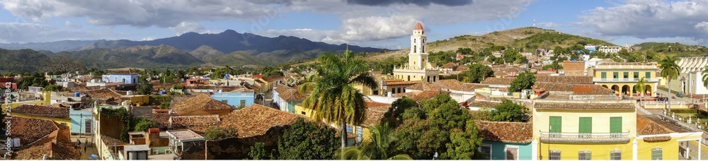 Wide Panoramic View of City Skyline, Bell Tower on Plaza Mayor and Colonial Houses in Trinidad, Cuba - a Unesco World Heritage Site