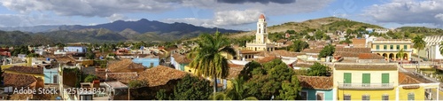 Fotografía Wide Panoramic View of City Skyline, Bell Tower on Plaza Mayor and Colonial Hous