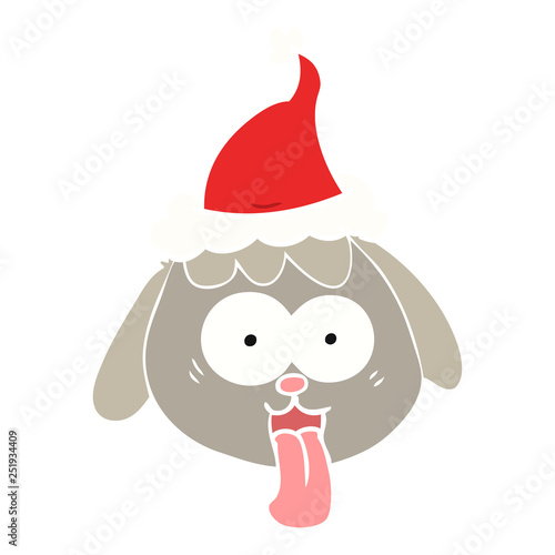 flat color illustration of a dog face panting wearing santa hat