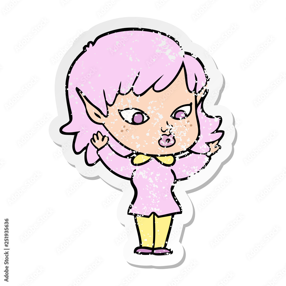 Obraz premium distressed sticker of a pretty cartoon elf girl