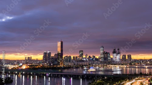 Time lapse  Night view of Yeouido district and Han river.