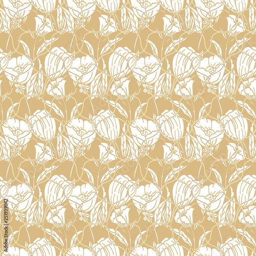 Seamless geometric pattern with tulips, poppies, lilies, leaves and ropes.