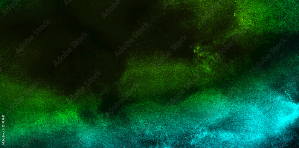Creative blue and green shades hand drawn multicolor texture water color paint illustration. Cosmic neon polar lights watercolor background. Paper textured aquarelle canvas for modern creative design.
