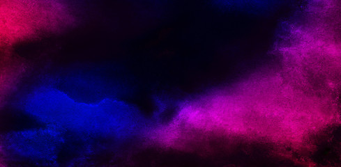 Cosmic neon pink, purple and dark blueglow lights watercolor background. Paper textured aquarelle canvas for modern creative design. Abstract hand drawn multicolor texture water color illustration