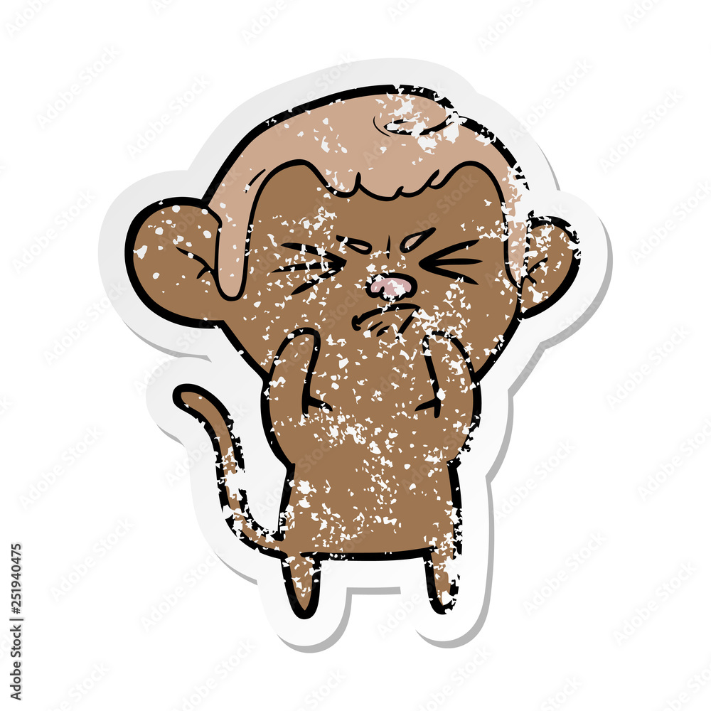 distressed sticker of a cartoon annoyed monkey distressed sticker of a cartoon annoyed monkey