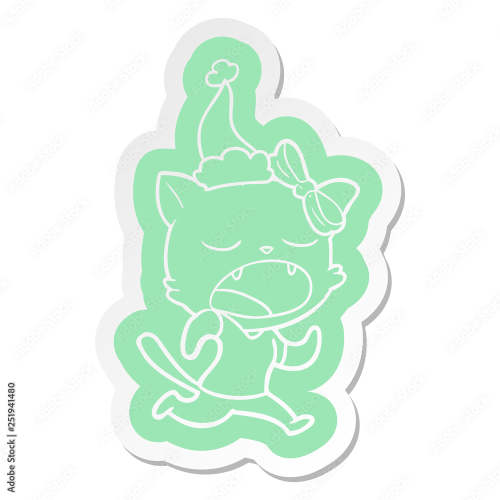 cartoon sticker of a yawning cat wearing santa hat cartoon sticker of a yawning cat wearing santa hat