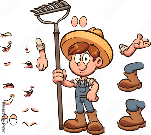 Cartoon farmer boy with different body parts clip art. Vector illustration with simple gradients. Some elements on separate layers. 