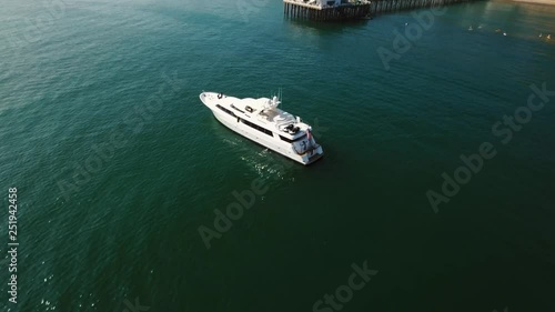 yacht in the ocean, aerial shot in malibu, california 