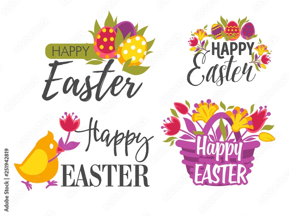 Set of Easter greeting logos or labels with eggs