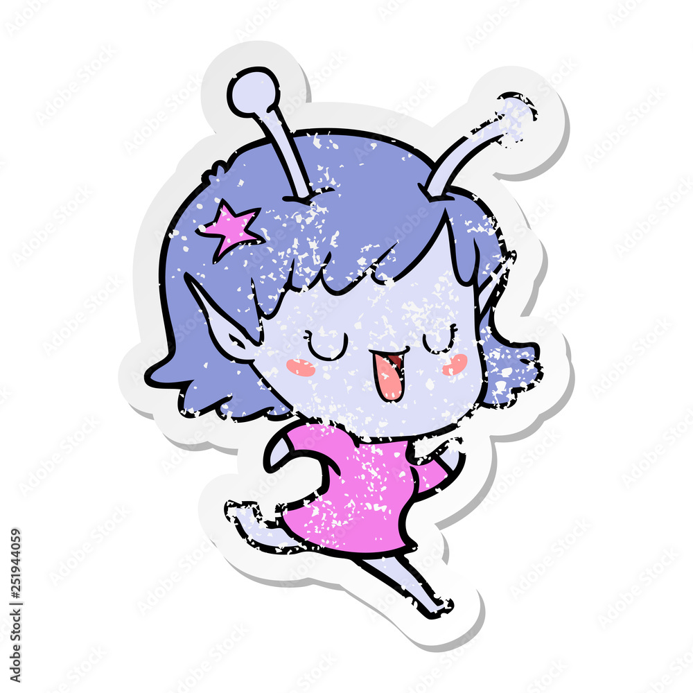 distressed sticker of a happy alien girl cartoon distressed sticker of a happy alien girl cartoon