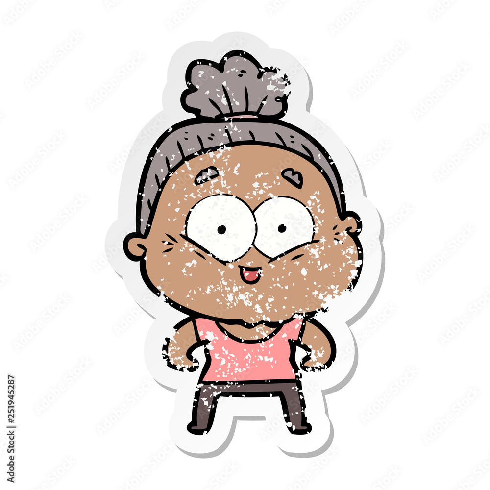 distressed sticker of a cartoon happy old woman distressed sticker of a cartoon happy old woman