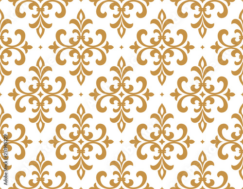Wallpaper in the style of Baroque. Seamless vector background. White and gold floral ornament. Graphic pattern for fabric, wallpaper, packaging. Ornate Damask flower ornament
