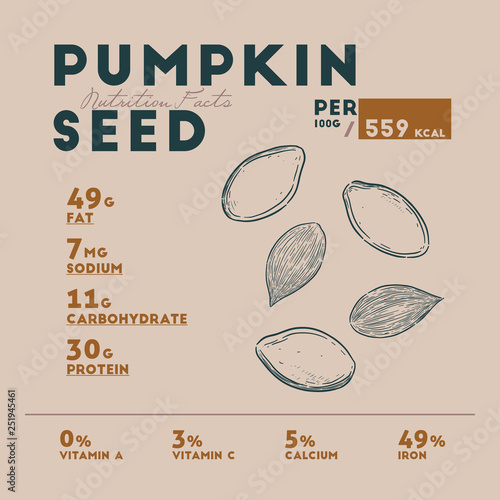 Nutrition facts of Pumpkin seed, hand draw vector.