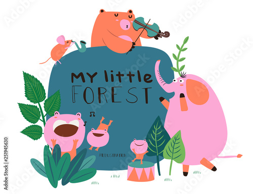 Cute Animals Bear, Elephant, Mouse and Frogs happy in Garden pattern. Vector illustration.