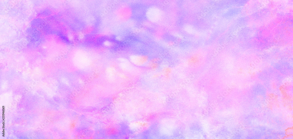 Light smooth purple and pink watercolor brush background. Soft pastel ink color hand drawn glow aquarelle smudge illustration. Abstract paper textured pattern for vintage design, retro card template
