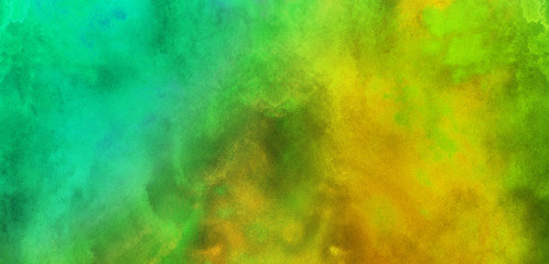 Grunge cosmic neon green, yellow and orange lights watercolor background. Paper textured aquarelle canvas for modern creative design. Abstract hand drawn multicolor texture water color illustration