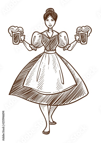 Woman in dress with beer Oktoberfest waitress isolated sketch