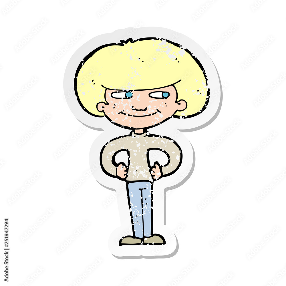 Fototapeta premium retro distressed sticker of a cartoon boy with hands on hips