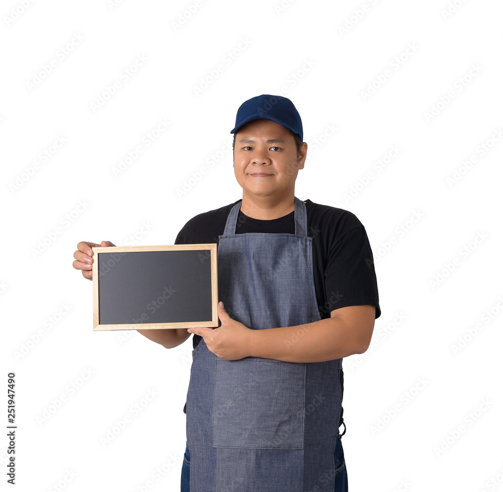 worker man or Serviceman in Black shirt and apron is holding chalkboard isolated worker man or Serviceman in Black shirt and apron is holding chalkboard isolated