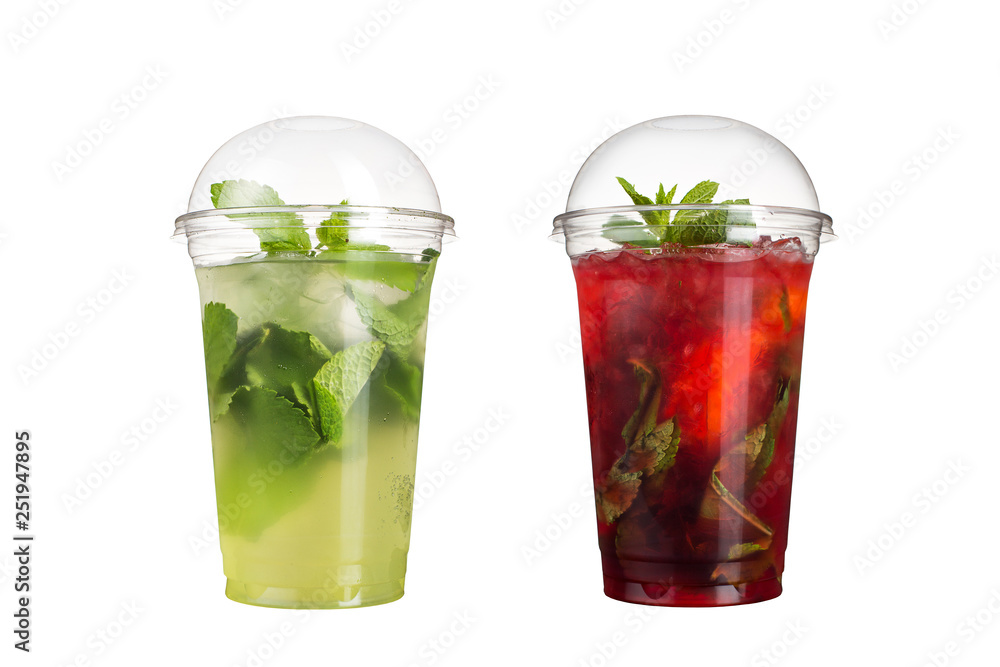 Delicious fruit smoothies in plastic cups, on a white background. Two cocktails with a taste of mojito and berry mojito. Delicious fruit smoothies in plastic cups, on a white background. Two cocktails with a taste of mojito and berry mojito.