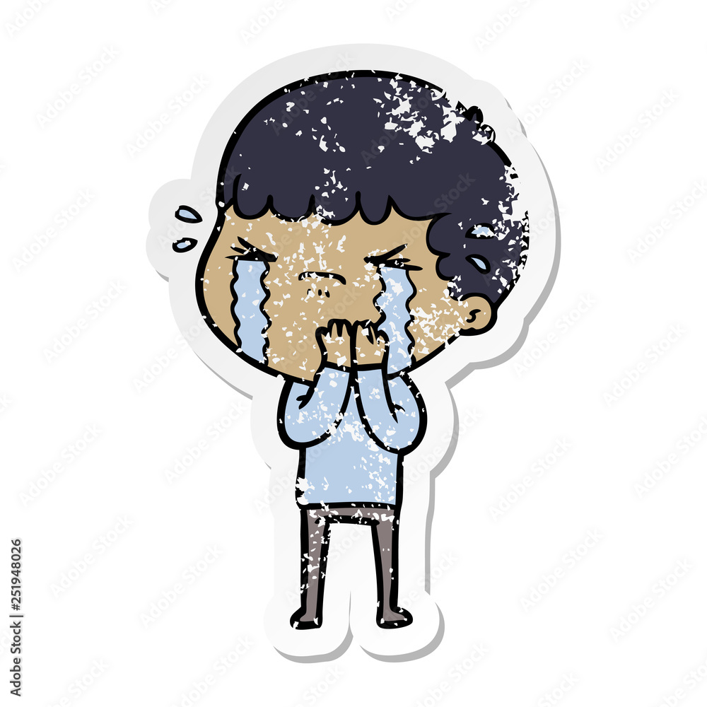 distressed sticker of a cartoon man crying distressed sticker of a cartoon man crying