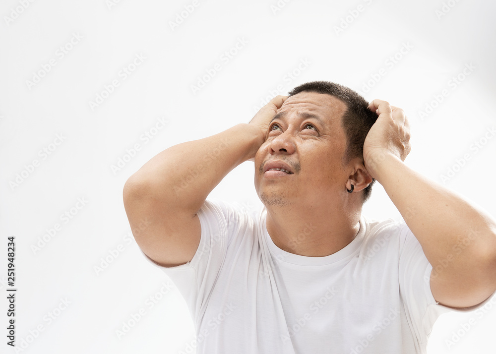 The fat man feeling sad on white background The fat man feeling sad on white background