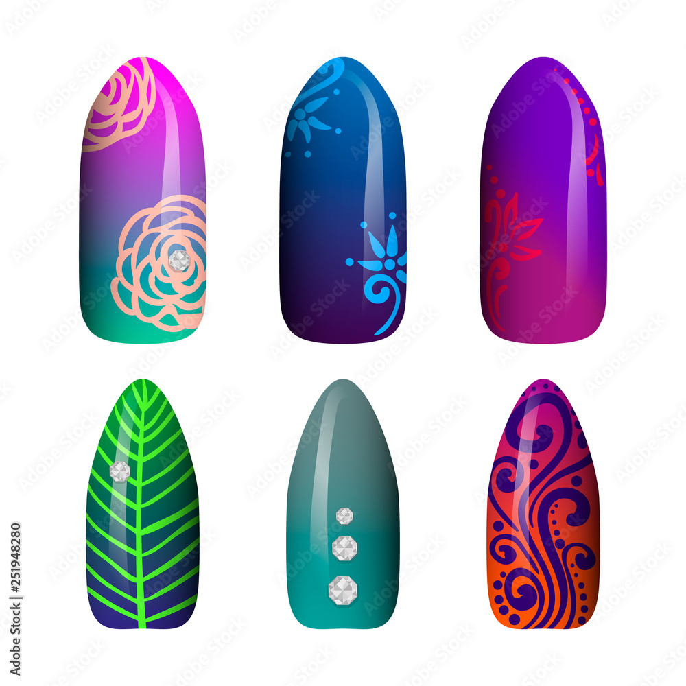 set of colored painted neon nail stickers. manicure art. nail polish. isolated on a white background set of colored painted neon nail stickers. manicure art. nail polish. isolated on a white background