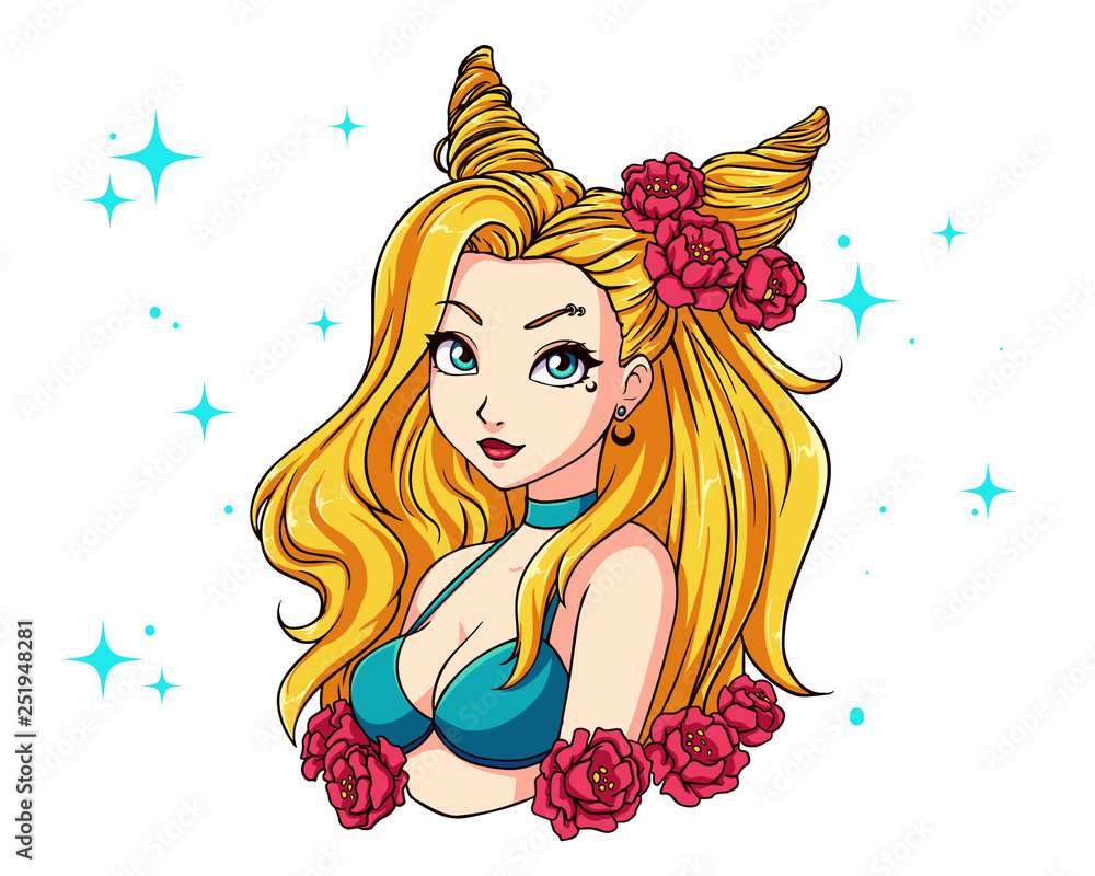 Pretty cartoon girl with wavy blonde hair, wearing blue swimsuit and wreath.