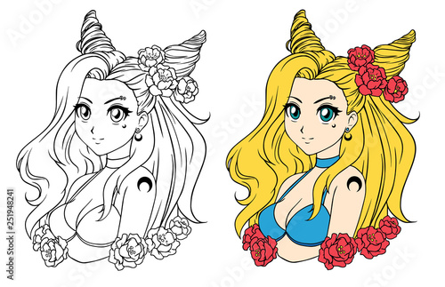 Pretty cartoon girl with wavy hair, wearing swimsuit and wreath. Hand drawn vector illustration.