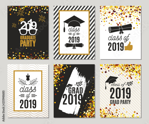 Graduation Class of 2019 greeting cards set of six templates in gold colors. Vector party invitations. Grad posters. All isolated and layered