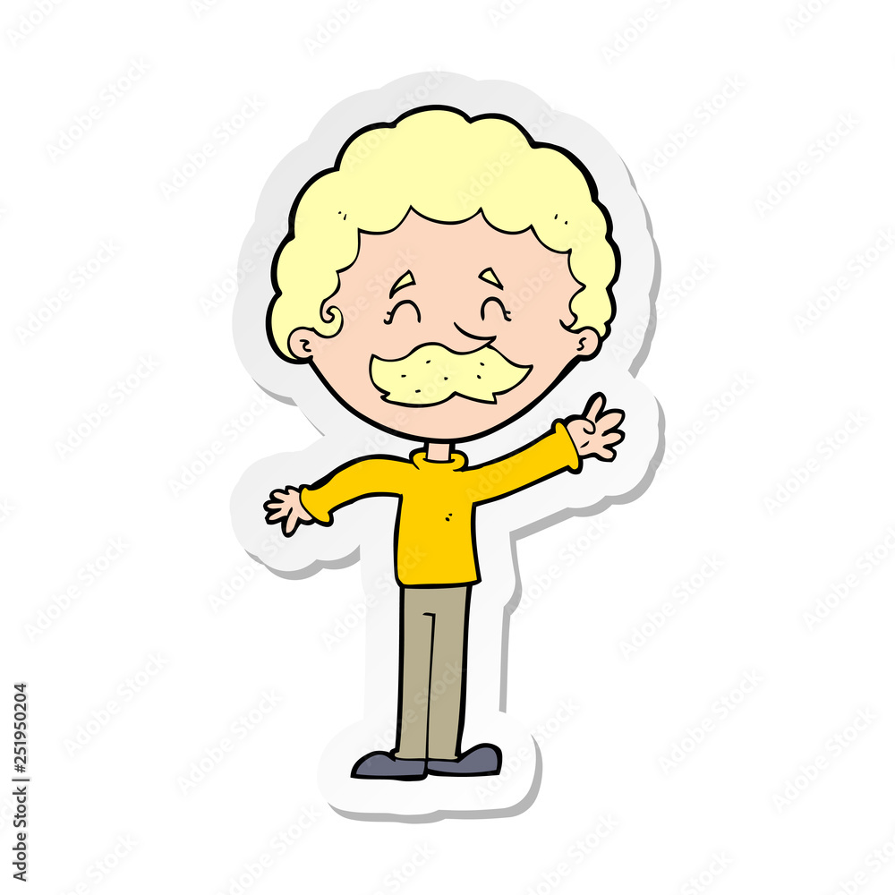 sticker of a cartoon man with mustache waving sticker of a cartoon man with mustache waving