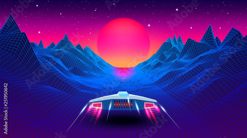 Fototapeta Naklejka Na Ścianę i Meble -  Arcade space ship flying to the sun in blue corridor or canyon landscape with 3D mountains, 80s style synthwave or retrowave scenic view