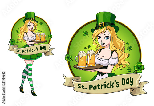 Pretty leprechaun girl with beer, St. Patrick s Day logo design with space for text.