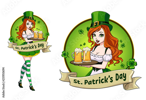 Pretty leprechaun girl with beer, St. Patrick s Day logo design with space for text.
