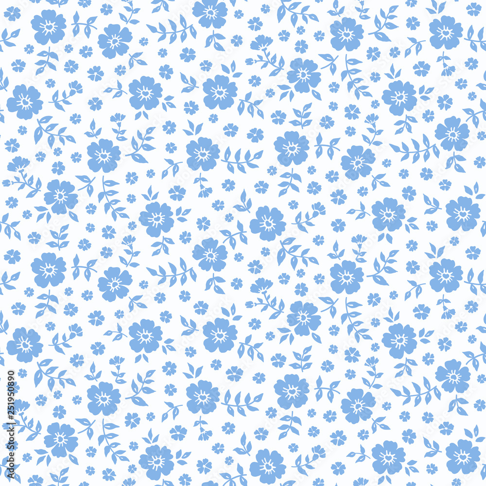Seamless ditsy floral pattern in vector. Small blue flowers on a white ...